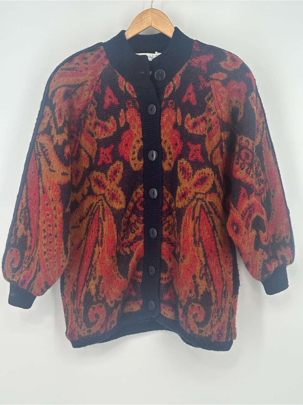 Vintage Mohair Button-Front Cardigan - Navy, Red and Gold Floral Pattern
